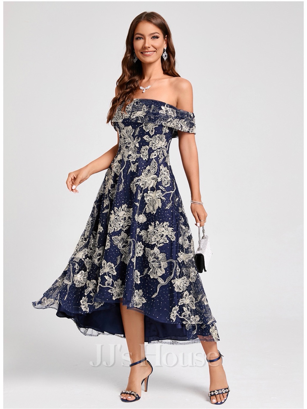 Jjs House Navy And Cream Off-Shoulder Floral High-Low Dress